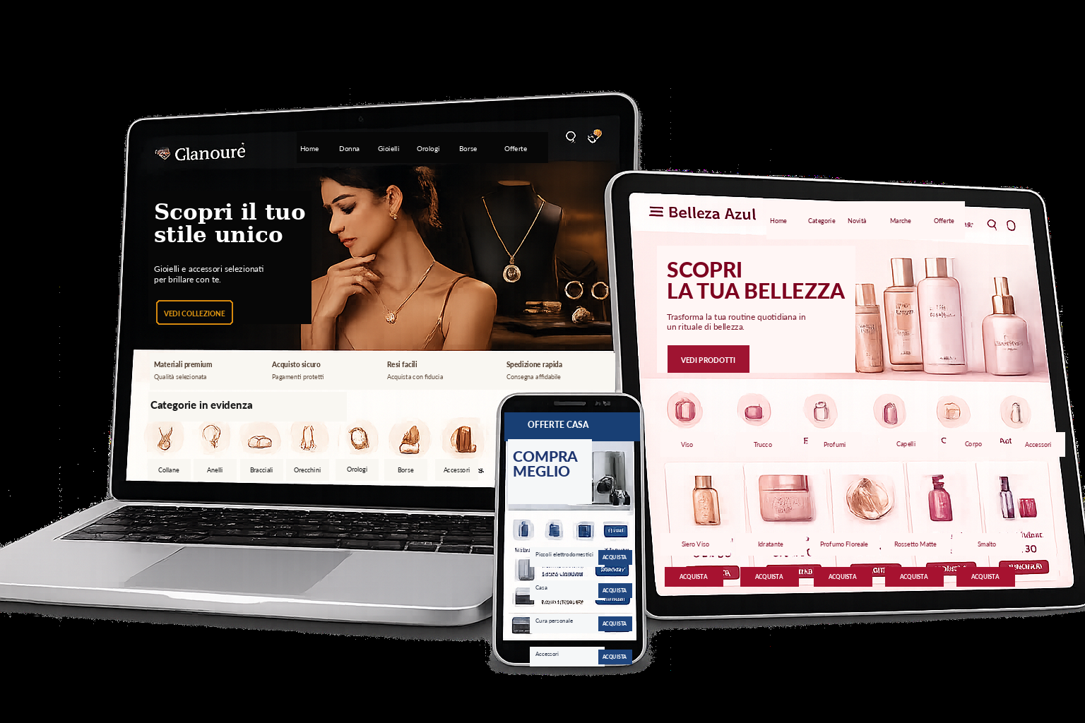 Laptop con tienda de cosméticos azul, tablet con tienda de joyas y prendas y celular con tienda de electrodomésticos